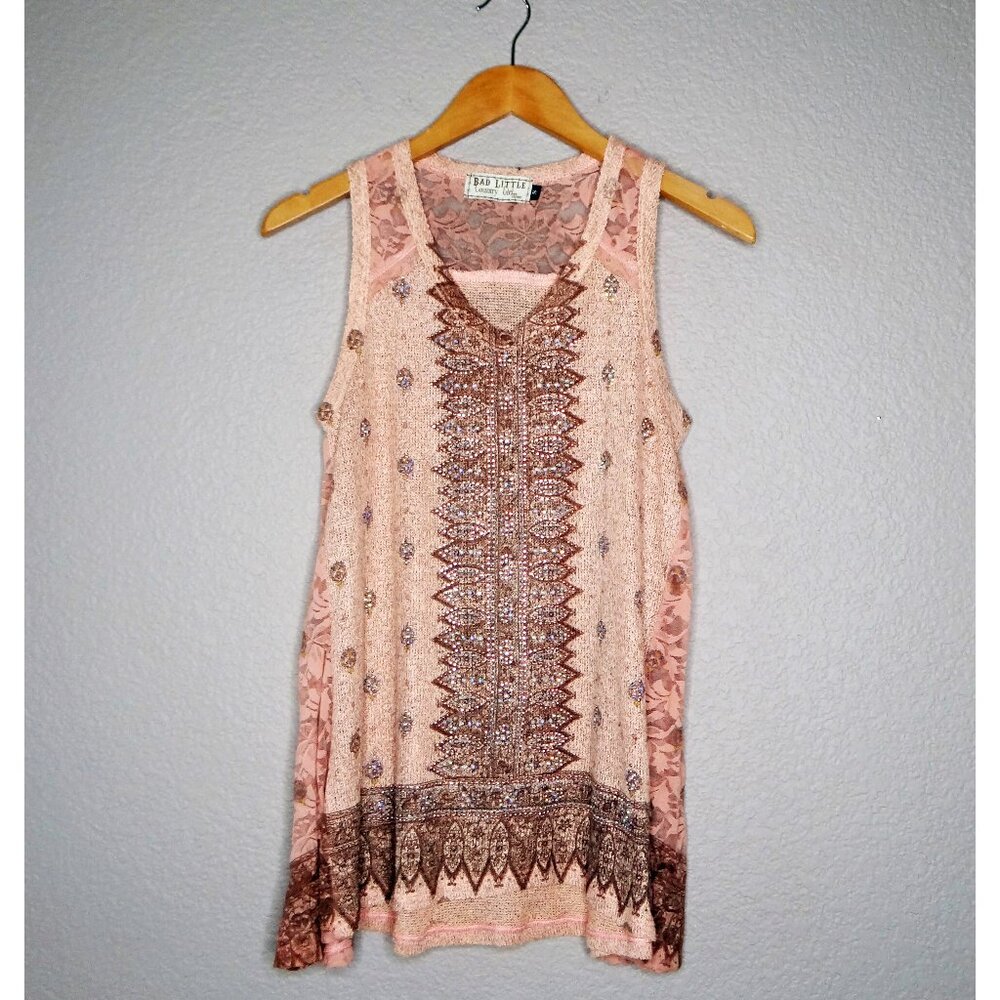 Bad Little Country Girl Sleeveless Boho Top w/ Lace & Embellishments Size Small